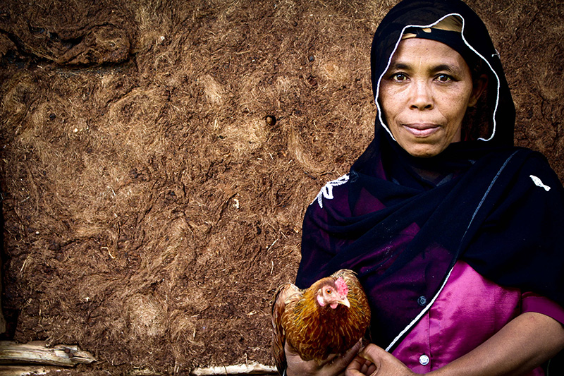 woman holding a chicken